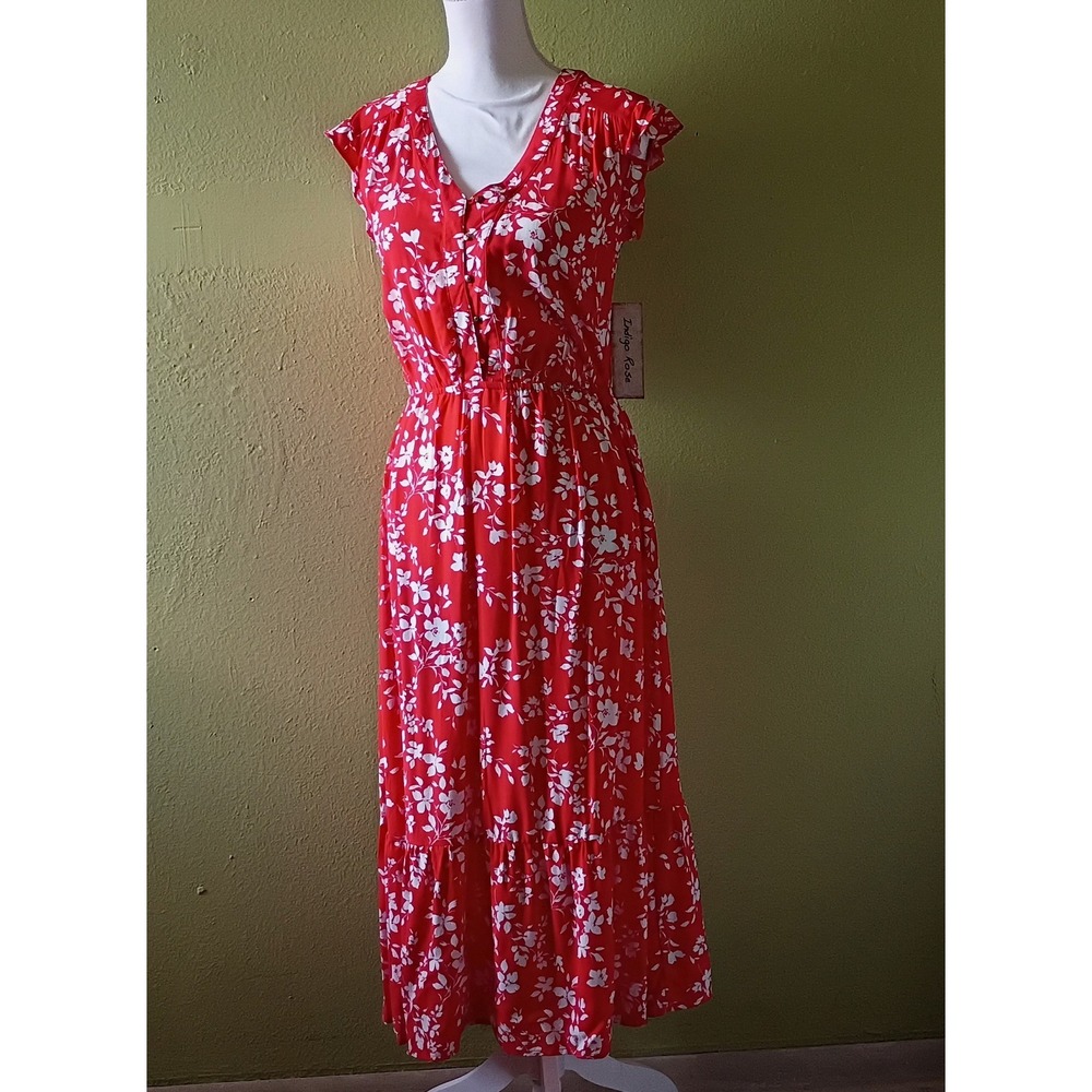 Tomatoe Girl Red Floral Romantic Prairie Clothing Dress Flutter Sleeve Tiered